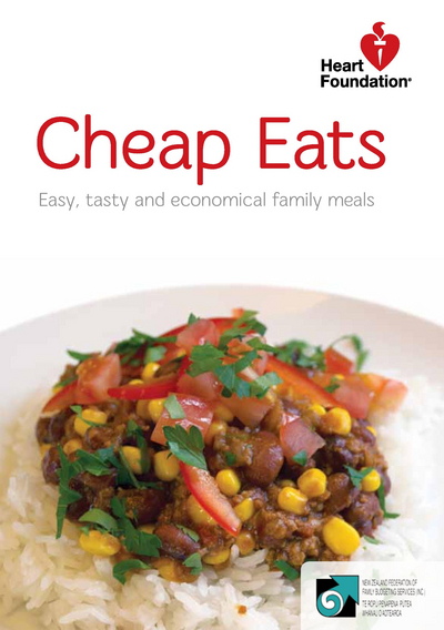 Heart Foundation Cheap Eats. Easy, tasty and economical family meals. Image of savoury mince dish on bed of rice with kernels of corn, chunks of tomato and sprinkling of coriander.