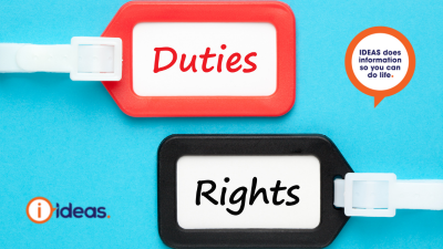 an orange bag tag that says duties and a black bag tag that says rights