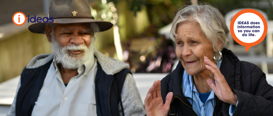 Image of 2 eldery Aboriginal and Torres Strait Islander People having a cup of tea.