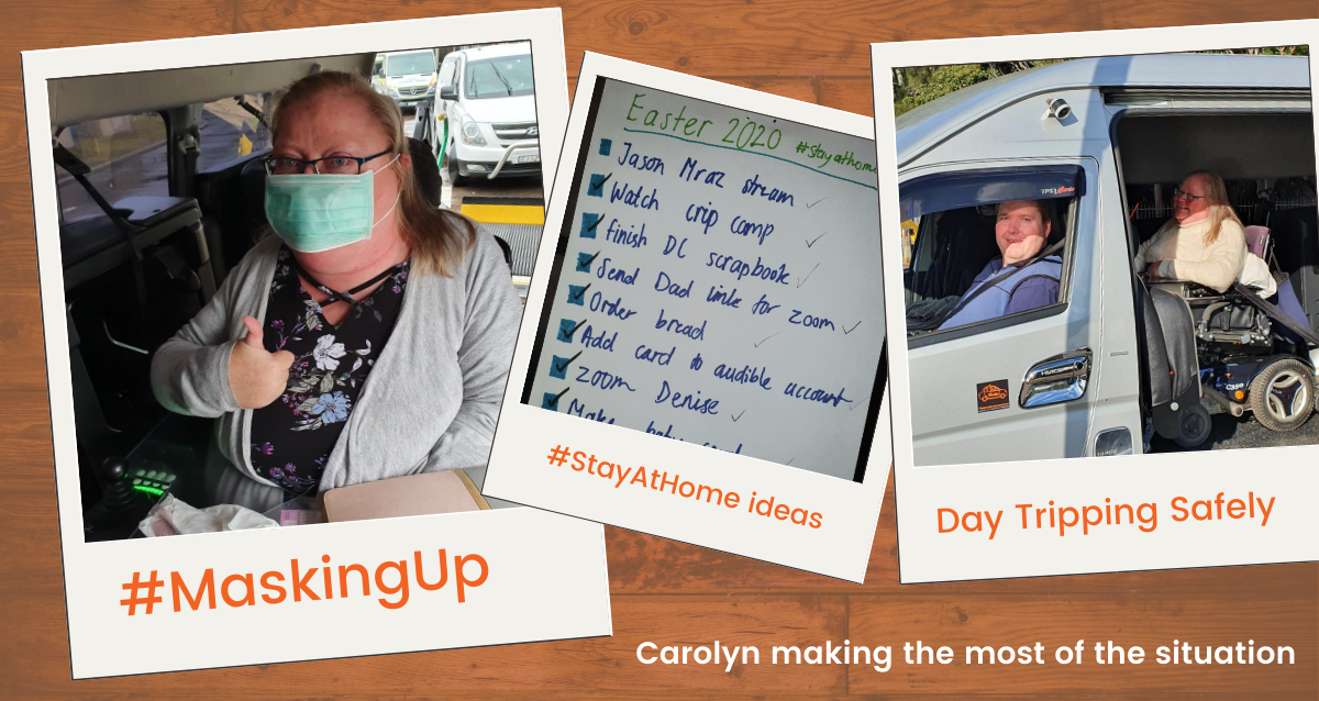photo collage, woman in wheelchair in back of a bus with a surgical mask on, a to do list on a fridge, 2 people heading off in a van words say day tripping 
