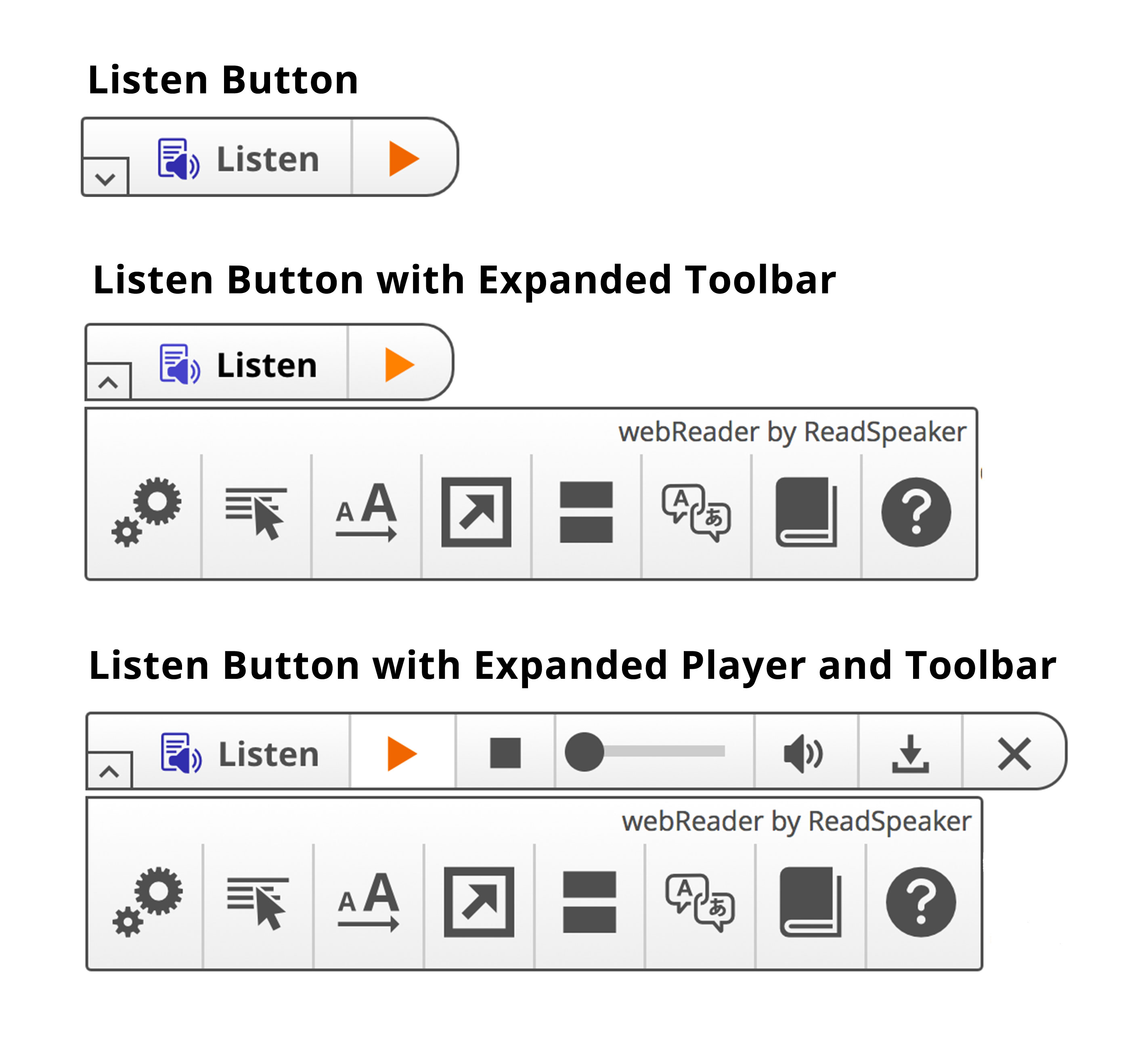Listen button, Listen button with expanded toolbar, Listen button with expanded player and toolbar