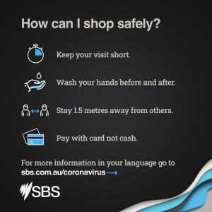 How can I shop safely? Keep your visit short. Wash your hands before and after. Stay 1.5 metres away from others. Pay with card not cash. 