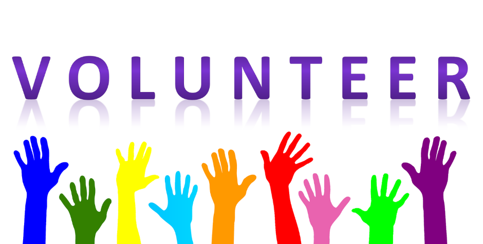 Graphic of many colourful hands raised with the word volunteer above.