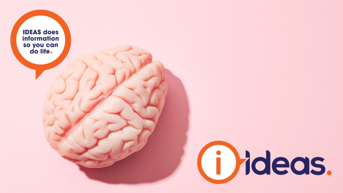 picture of a non graphic brain sitting against a pink background with ideas logo and slogan