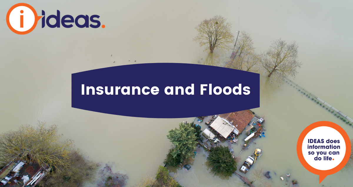 The text Insurance and Floods placed on top of an aerial image of a flooded property 