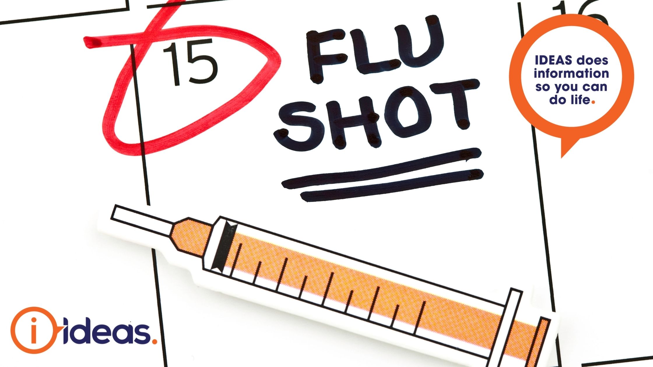 calendear with words "flu shot" written in a square labelled 15. Words are circled in red and an orange syringe. 