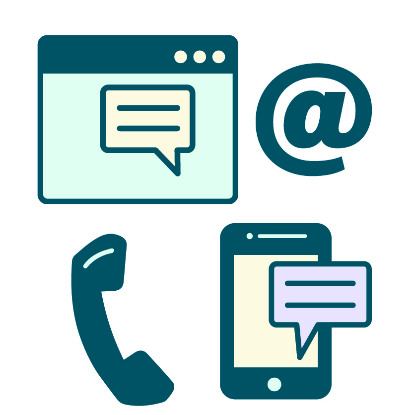 Icons of chat boxes, a telephone and email