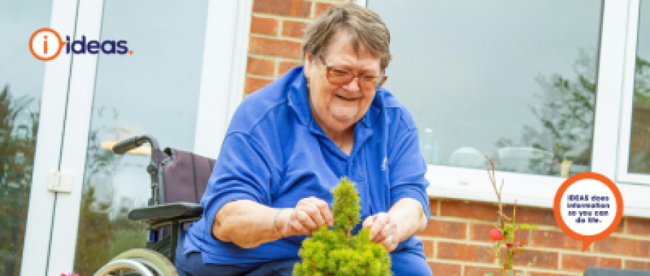 Image of a an elderly wheelchair user tending to their plants