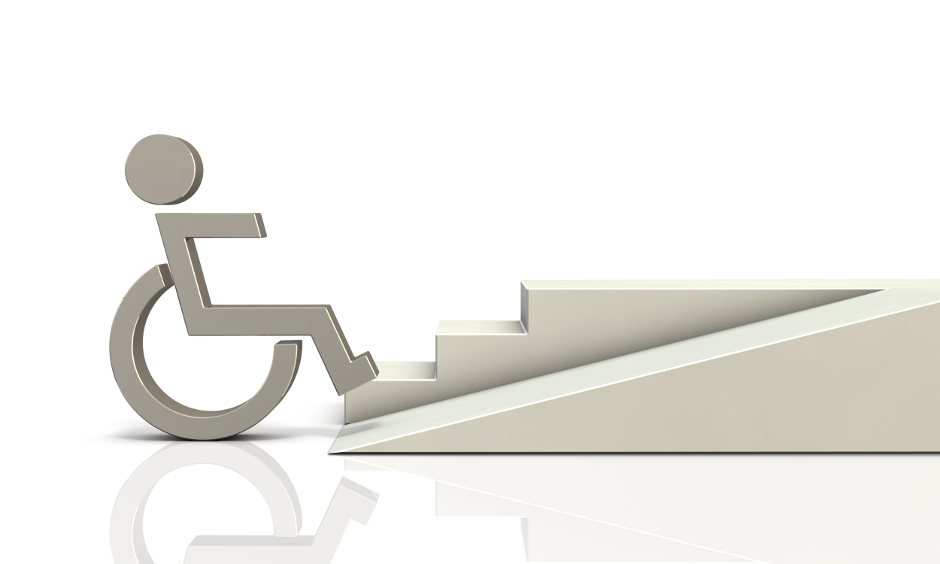 Graphic of a person in a wheelchair in front of a ramp a steps