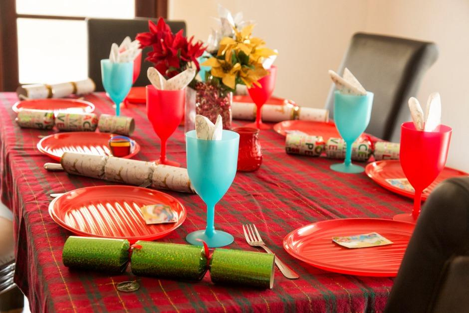 A dining table set for a  Christmas meal