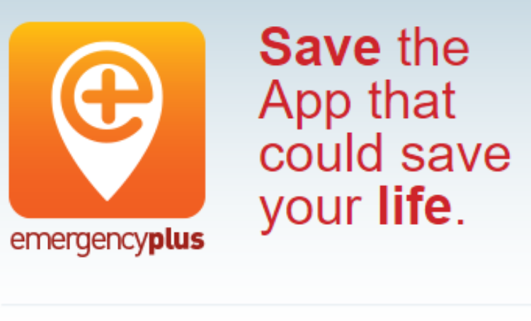 Emergency plus app logo with the words "save the app that could save your life"
