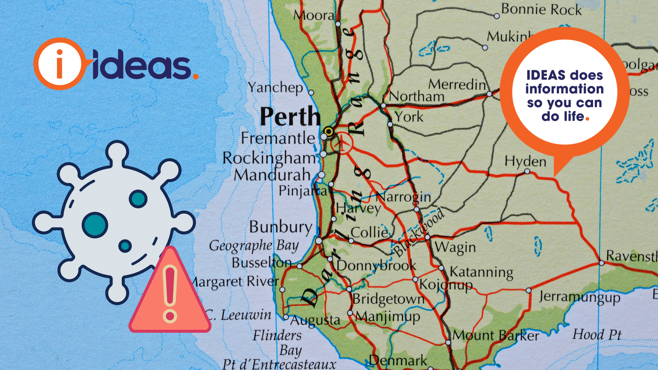 A map of the southern tip of Western Australia with the capital city Perth highlighted. A warning symbol and a COVID spore.