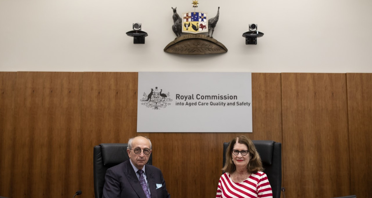 Hon Gaetano Pagone QC  and Lynelle Briggs AO at the Bench of the Royal Commission into Aged Care Quality and Safety 