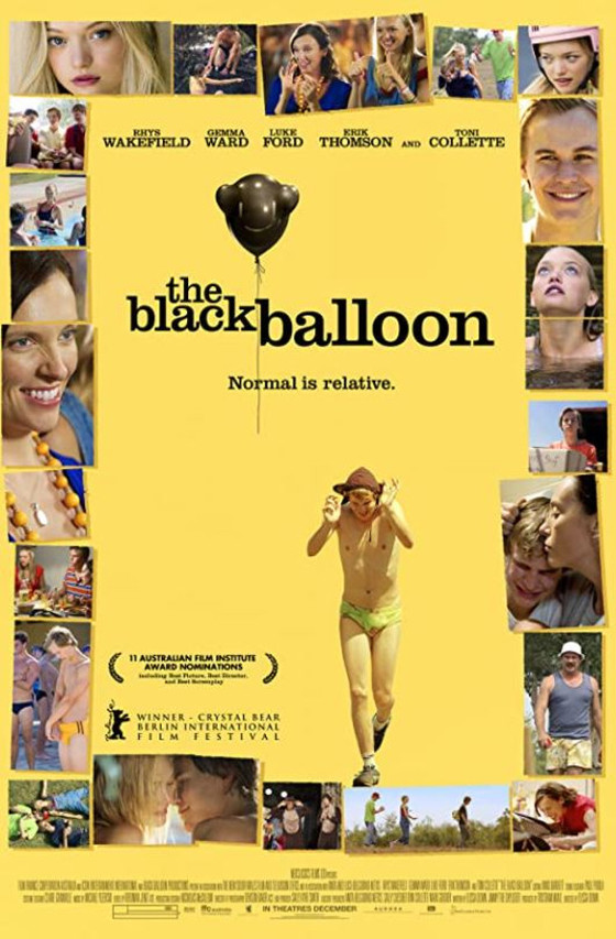 Movie Cover Image The Black Balloon.  A boy wearing his underclothing and a bear hat is running.