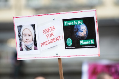 Image of placcard with picture of Greta Thunberg's face, words 