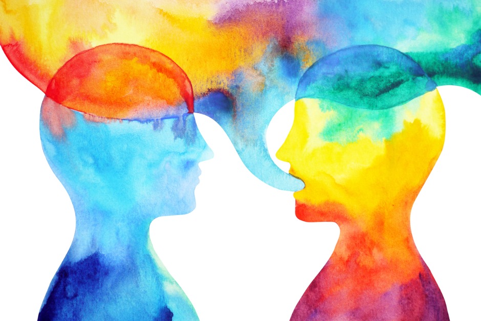 Image of rainbow watercolour silhouettes. Two people. One speaking.