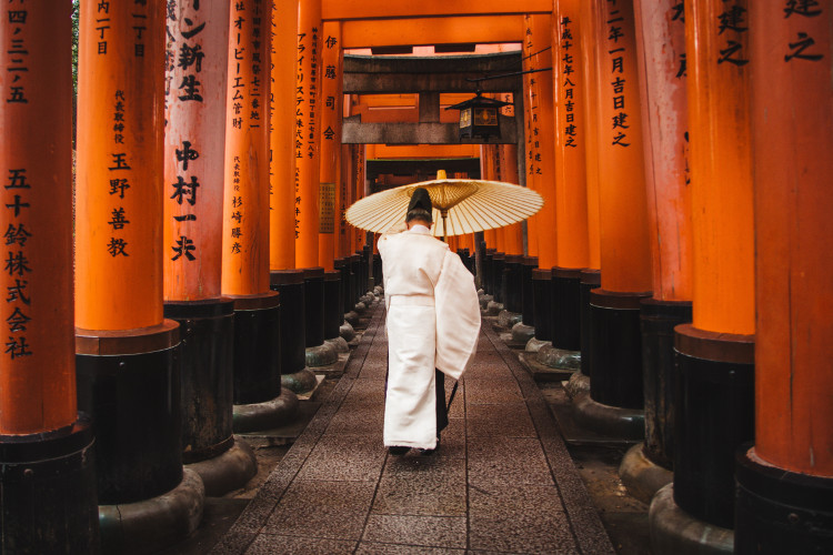 Japanese Cultural Experience in Shrine Pathway. Man holding an umbrella.