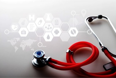 red stethoscope with hexagonal matrix of digital symbols