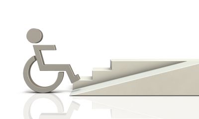 Graphic of a person in a wheelchair in front of a ramp a steps