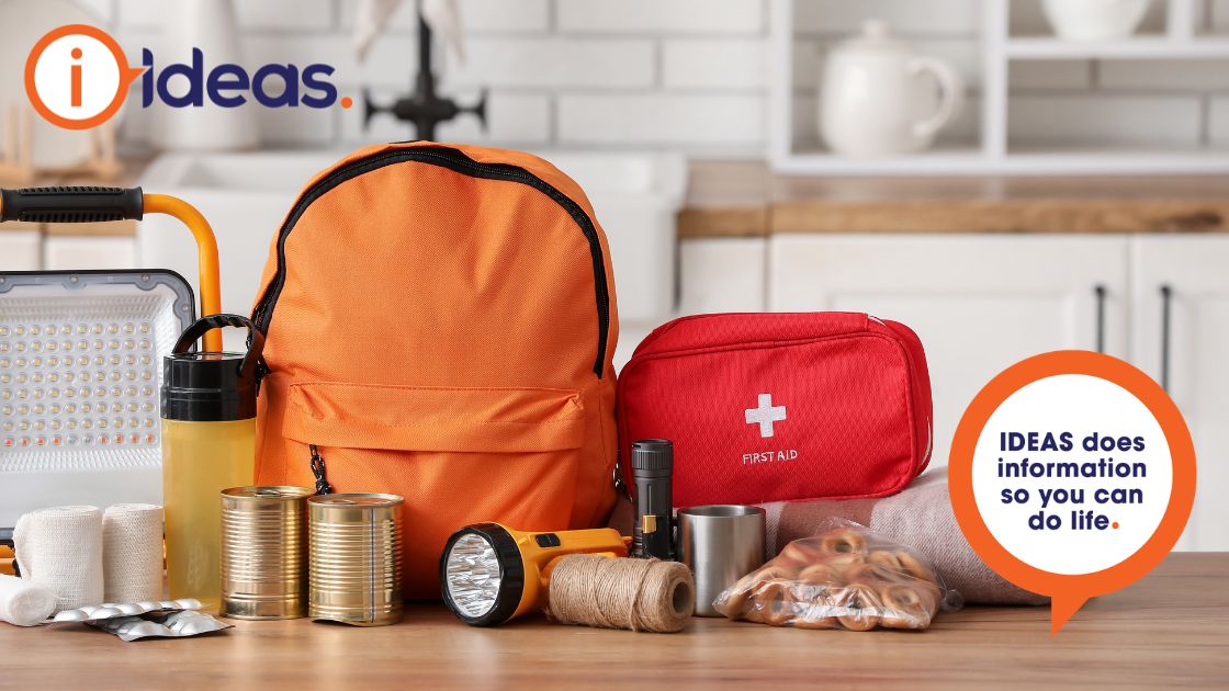 Image of First Aid Kit, Water Bottles, Batteries, radio and torch