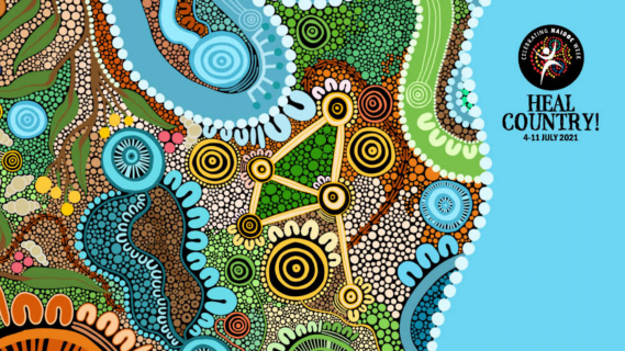 Indigenous dot painting depicting land, water and communities