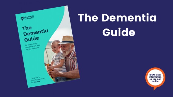 A booklet cover in aqua has a senior man and young child together. The words "The Dementia Guide".