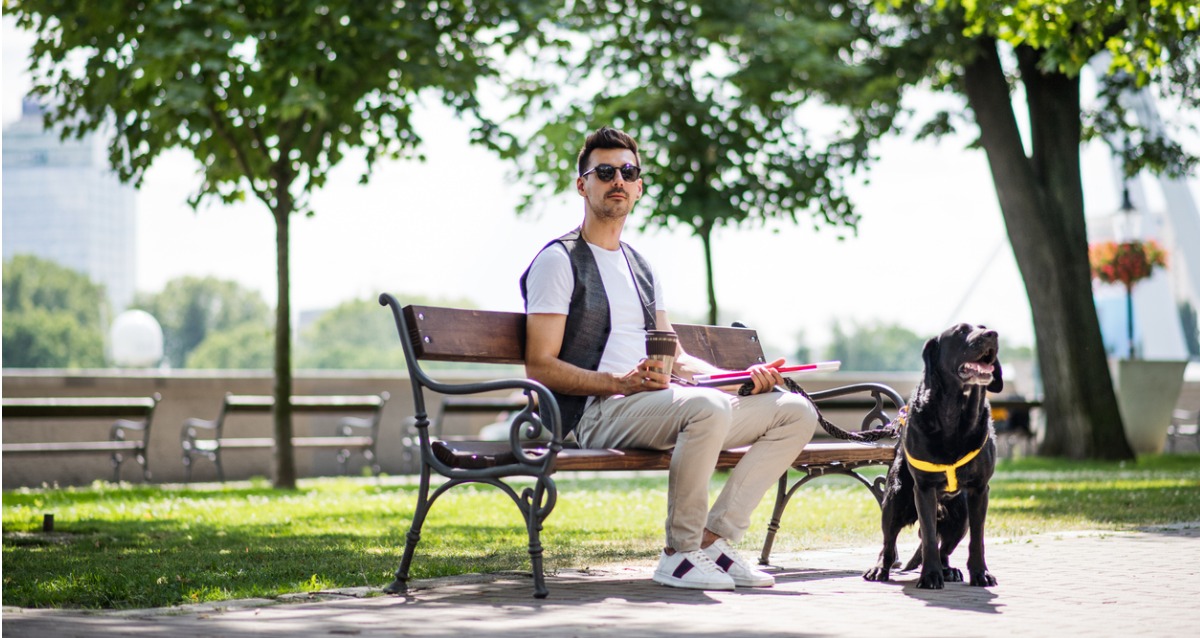 An image of a young man sitting on a park bench. He wears sunglasses, is holding a cane, and beside him is a guide dog.