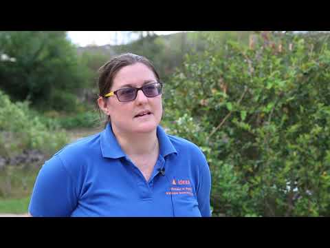 Woman standing in a garden with a microphone attached to her shirt