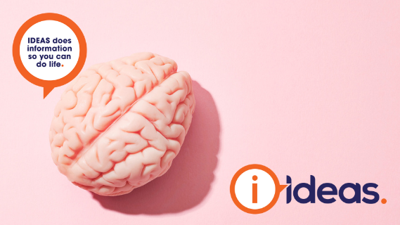 picture of a non graphic brain sitting against a pink background with ideas logo and slogan