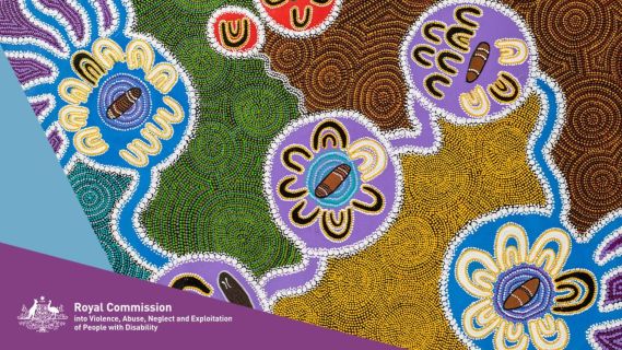 Indigenous dot painting in purple, blue, yellow, brown and green