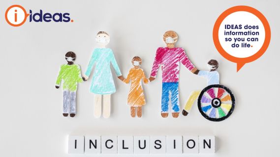 hand drawn characters. one is a wheelchair user, one is a child, one is brown, one is white, some are wearing masks. words say inclusion