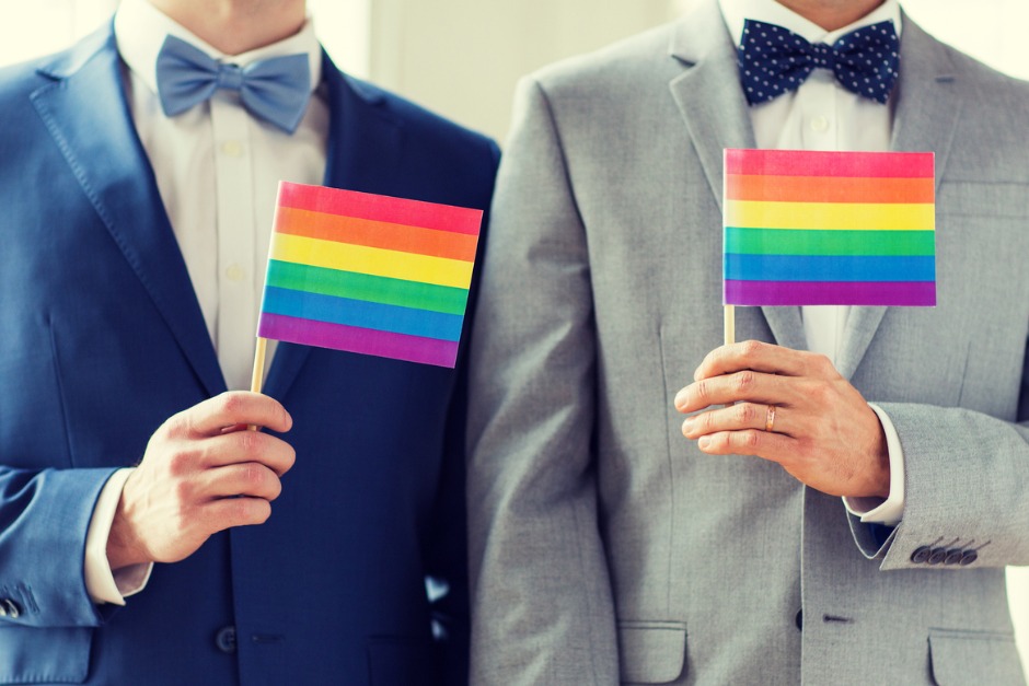 Detail of two men wearing suits and bow ties and holding rainbow coloured flags