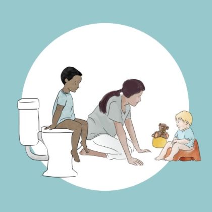Child on the toilet and one of the potty with the Carer kneeling inbetween the children.