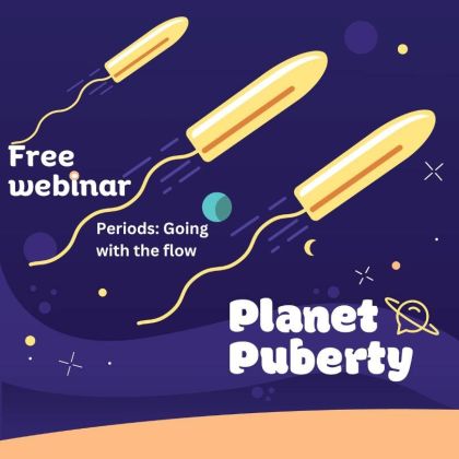 Has the words Free webinar, Periods: going with the flow and Palnet Pubert with tampons floating in space.