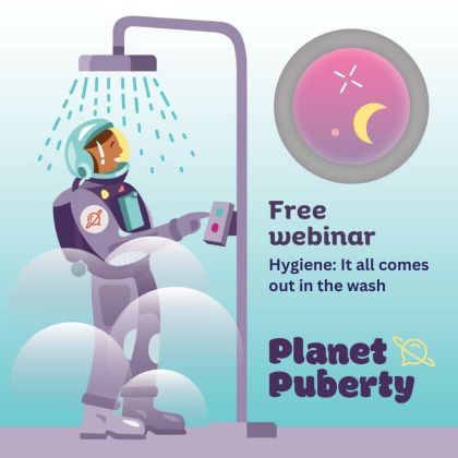 An image of a space man having a shower with wording, Free webinar, Hygiene: It all comes out in the wash.