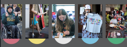 A series of images showing attendees involved in various activities at previous Disability Pride festivals placed over coloured bubbles that represent the colours of the disability pride flag.