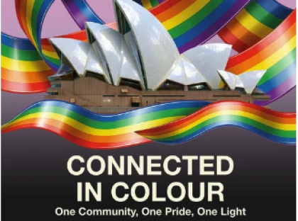 Sydney Opera house, surrounded by a rainbow ribbon. Text: Connected in Colour