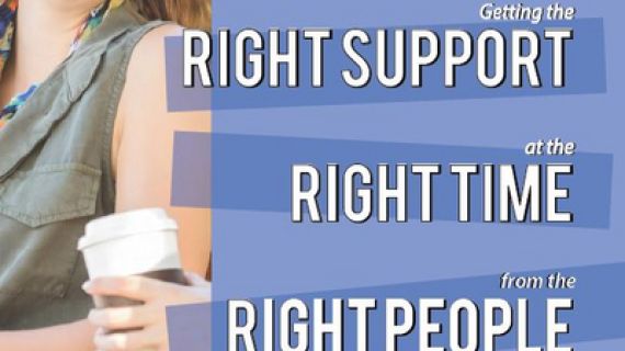 Young girl in a wheelchair smiling, right support, right time, right people written across blue background