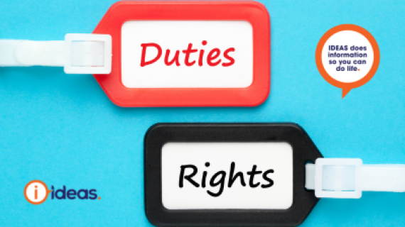 an orange bag tag that says duties and a black bag tag that says rights