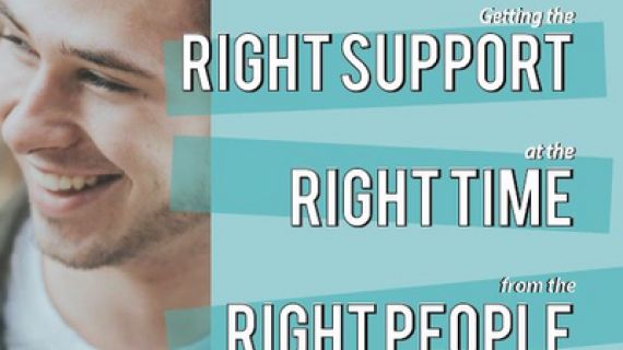 Young man smiling, right support, right time, right people written across aqua background