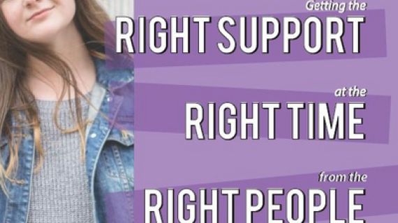 Young girl looking forward, Right support, right time, right people written across purple background