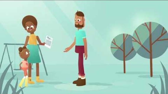 Cartoon image of mother and father standing in the park with a child