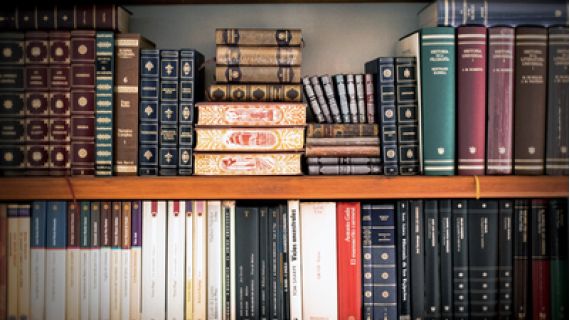 Image of bookshelves filled with leather-bound and gilded books