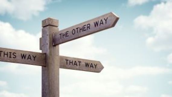 A road sign with 3 directions, this way. that way, the other way.