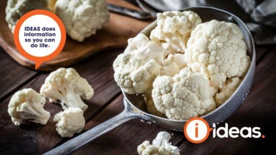 Fresh and chopped up cauliflower in a ladle and on a