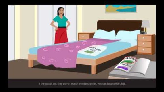 Cartoon image of lady standing next to bed with a blanket that is to small