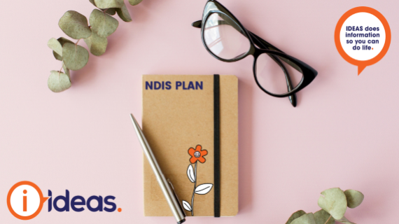 notebook on pink background with NDIS PLAN written on front. A ballpoint pen is on top of the diary with a pair of glasses in the right corner of image. Surrounded by two plants and IDEAS logo.