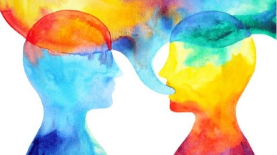 Image of rainbow watercolour silhouettes. Two people. One speaking.