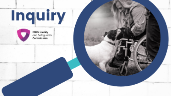 Inquiry, with NDIS Commission Logo, Magnifying glass, dog, woman in wheelchair