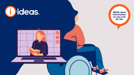 Woman in wheelchair with back turned. A laptop with another woman on screen holding a book.